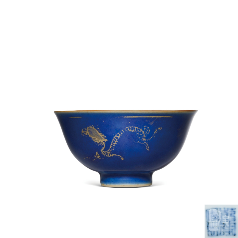 清乾隆霁蓝釉描金双龙赶珠纹茶园-多宝古瓷宝典